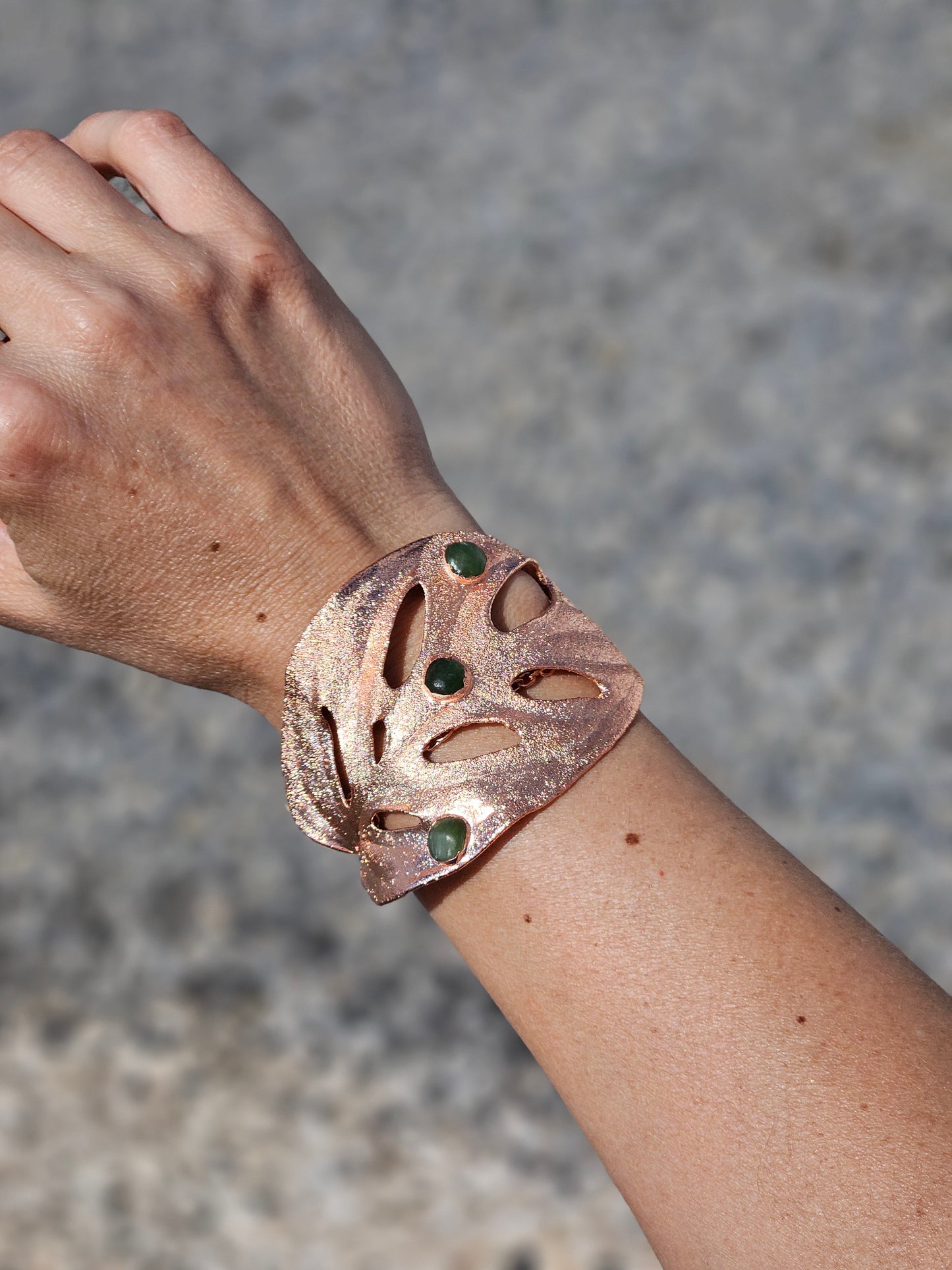 Handmade Copper Cuff Bracelet; The Tale of Jade, and Monstera: A Story of Healing and Harmony