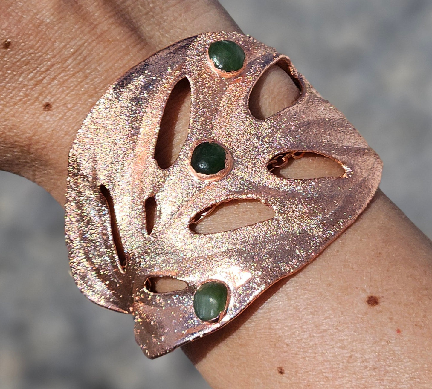 Handmade Copper Cuff Bracelet; The Tale of Jade, and Monstera: A Story of Healing and Harmony