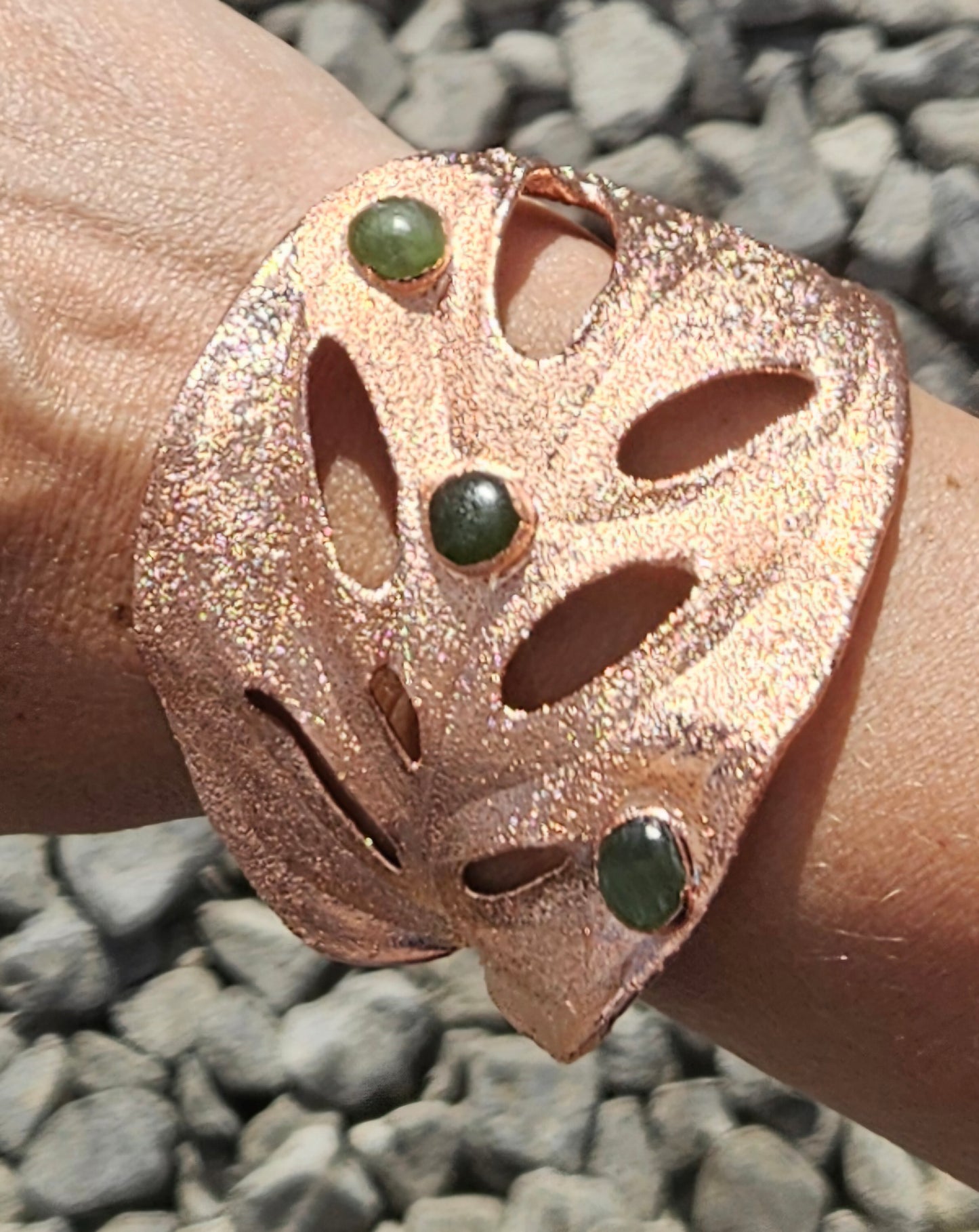 Handmade Copper Cuff Bracelet; The Tale of Jade, and Monstera: A Story of Healing and Harmony