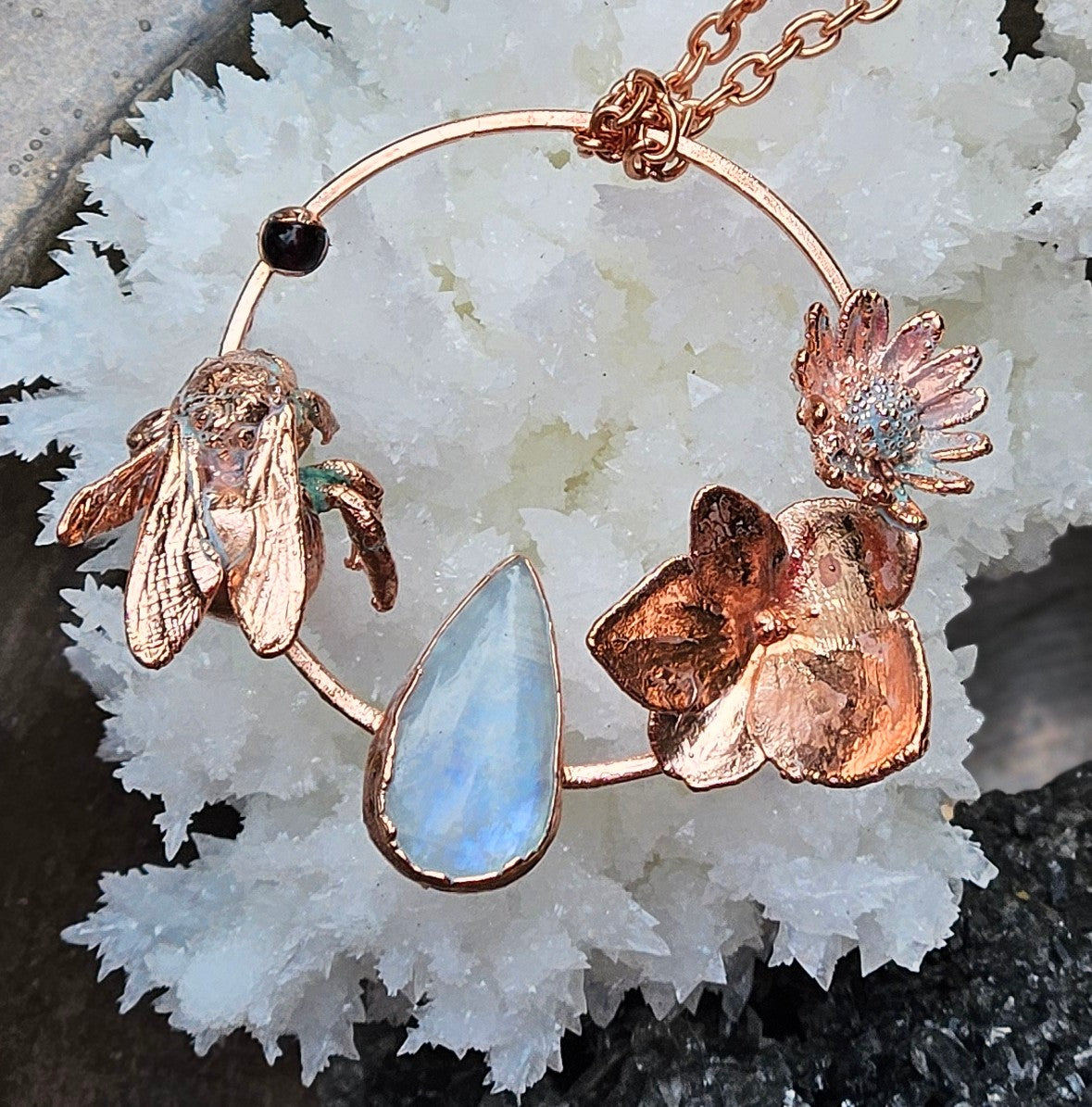 Handmade Copper, Garnet, Carpenter Bee, Rainbow Moonstone, and Hydrangea Necklace – A Talisman for Transformation, Resilience, and Growth