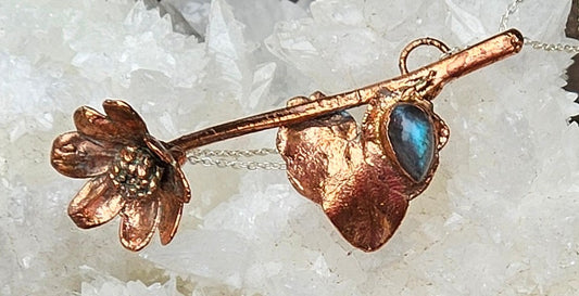 Handmade Buttercup and Labradorite Necklace Captured in Copper – A Talisman for Joy, Intuition, and Transformation