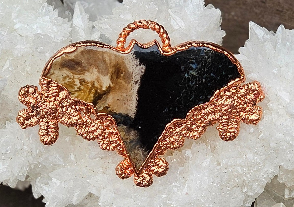 Handmade Copper Palm Root Crystal Bat Pendant with Copper Lace – A Talisman for Transformation, Mystery, and Connection