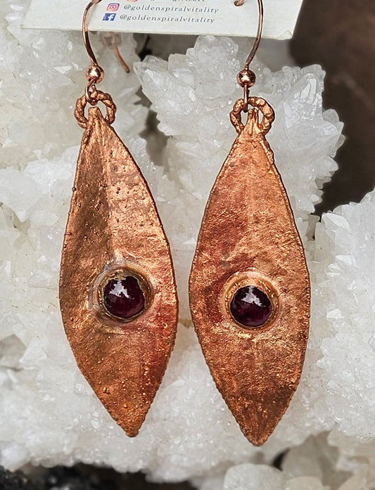 Handmade Blueberry Leaf and Garnet Earrings Captured in Copper – A Talisman for Vitality, Protection, and Renewal