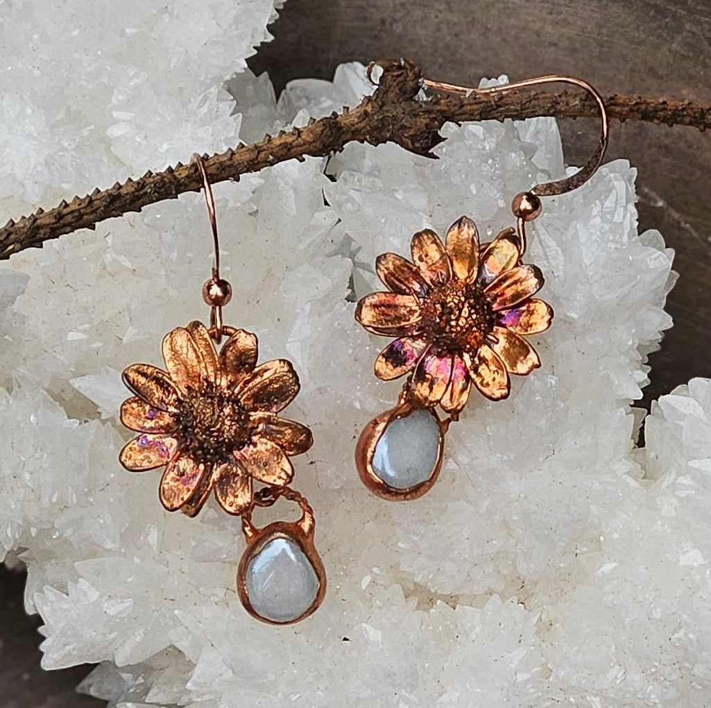 Handmade Daisy and White Moonstone Teardrop Earrings in Copper – A Talisman for Joy, Intuition, and Renewal